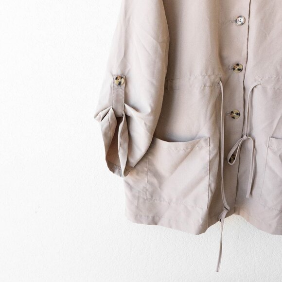 Bloomchic Lightweight Utility Jacket | Size 12 Taupe Button-Up Drawstring Coat - Picture 3 of 7